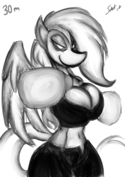 Size: 2893x4092 | Tagged: safe, artist:saliantsunbreeze, character:rainbow dash, species:anthro, 30 minute art challenge, belly button, boxing, breasts, busty rainbow dash, cleavage, clothing, female, midriff, monochrome, shorts, sketch, sports bra
