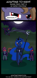 Size: 960x2000 | Tagged: safe, artist:terminuslucis, character:princess luna, oc, oc:mobius, species:alicorn, species:bat pony, species:pony, species:unicorn, comic:adapting to night, comic:adapting to night: saving pinch, comic, crossbow, dhampir, full moon, glowing eyes, glowing horn, grimdark series, grotesque series, heterochromia, horn, imminent death, magic, moon, night guard, now you fucked up, red eyes, scythe, telekinesis, vampire