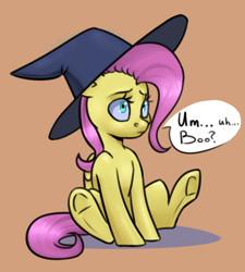 Size: 484x537 | Tagged: safe, artist:chibadeer, character:fluttershy, boo, clothing, cute, female, hat, nightmare retardant, shyabetes, simple background, sitting, solo, underhoof, witch hat