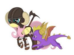 Size: 2592x1936 | Tagged: safe, artist:squipycheetah, character:fluttershy, species:dragon, species:pegasus, species:pony, axe, battle axe, crossover, cute, dovahkiin, dovahshy, dragonborn, duo, female, folded wings, friendshipping, happy, helmet, horn, horns, looking back, looking down, looking up, mare, running, simple background, skyrim, smiling, spread wings, spyro the dragon, the elder scrolls, transparent background, vector, walking, weapon, wings