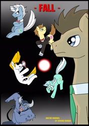 Size: 2480x3507 | Tagged: safe, artist:edowaado, character:doctor whooves, character:donut joe, character:iron will, character:lyra heartstrings, character:time turner, species:earth pony, species:pony, species:unicorn, comic:fall, female, fortune teller, johnny bravo, male, mare, mirror, ponified, stallion