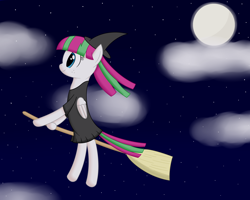 Size: 3000x2400 | Tagged: safe, artist:joey, character:blossomforth, broom, clothing, cloud, dress, female, flying, flying broomstick, full moon, hat, moon, night, night sky, nightmare night, smiling, solo, stars, witch, witch hat