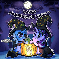 Size: 2000x2000 | Tagged: safe, artist:gray--day, character:starlight glimmer, character:trixie, species:pony, species:unicorn, cape, clothing, cute, dialogue, diatrixes, eyeshadow, full moon, glimmerbetes, halloween, happy nightmare night, hat, hoof hold, jack-o-lantern, knife, looking at you, makeup, moon, night sky, nightmare night, open mouth, pumpkin, scenery, sitting, socks, speech bubble, stars, striped socks, underhoof, wink, witch, witch hat