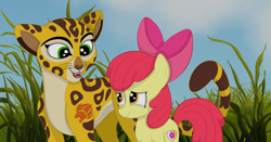 Size: 3902x2043 | Tagged: safe, artist:squipycheetah, character:apple bloom, adorabloom, cheetah, crossover, cute, cutie mark, duo, female, fuli, grass, grassland, happy, lion guard, looking back, looking down, looking up, sky, smiling, the cmc's cutie marks, the lion guard, the lion king, whiskers