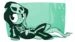 Size: 1920x1080 | Tagged: safe, artist:dori-to, character:lyra heartstrings, clothing, costume, cute, female, halloween, halloween costume, hoodie, kigurumi, looking at you, monochrome, nightmare night, on back, skeleton costume, solo