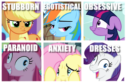 Size: 1174x770 | Tagged: safe, artist:tomfraggle, character:applejack, character:fluttershy, character:pinkie pie, character:rainbow dash, character:rarity, character:twilight sparkle, and then there's rarity, compilation, contemplating insanity, exploitable meme, faec, i didn't listen, image macro, mane six, meme, one of these things is not like the others, rariderp, screenshots, that pony sure does love dresses