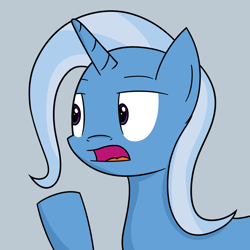 Size: 1600x1600 | Tagged: safe, artist:joey, character:trixie, species:pony, species:unicorn, bust, female, gray background, lidded eyes, looking at something, open mouth, portrait, raised hoof, simple background, solo