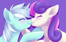 Size: 1280x822 | Tagged: safe, artist:fizzy-dog, character:bon bon, character:lyra heartstrings, character:sweetie drops, species:earth pony, species:pony, species:unicorn, ship:lyrabon, adorabon, blushing, boop, boop bon, bust, cute, ear fluff, eyes closed, female, floppy ears, fluffy, happy, kissing, lesbian, lyrabetes, mare, nose wrinkle, noseboop, nuzzling, portrait, raised eyebrow, raised hoof, shipping, simple background, smiling, underhoof