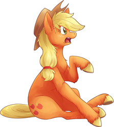 Size: 744x834 | Tagged: safe, artist:fizzy-dog, character:applejack, chest fluff, clothing, colored hooves, cowboy hat, female, fluffy, hat, open mouth, raised hoof, simple background, sitting, solo, stetson, surprised, unshorn fetlocks, white background, wide eyes