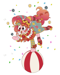 Size: 1024x1280 | Tagged: safe, artist:umeguru, character:pinkie pie, species:earth pony, species:pony, balancing, ball, bouncy ball, clothing, clown, clown makeup, clown nose, costume, female, jester, jester pie, juggling, mare, open mouth, pixiv, ponyacci, raised hoof, ruff (clothing), solo, underhoof