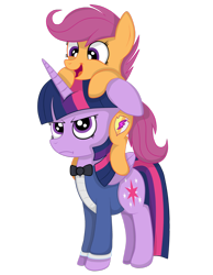 Size: 1024x1319 | Tagged: safe, artist:squipycheetah, character:scootaloo, character:twilight sparkle, character:twilight sparkle (alicorn), species:alicorn, species:pegasus, species:pony, albert de morcef, alternate universe, annoyed, bow tie, clothing, cute, cutealoo, cutie mark, duo, father and son, female, filly, floppy ears, folded wings, grumpy, grumpy twilight, happy, jacket, looking at you, looking down, looking up, mondego, monsparkle, open mouth, ponies riding ponies, pony hat, scootabert, scootalove, simple background, smiling, standing, the cmc's cutie marks, the count of monte cristo, the count of monte rainbow, transparent background, twilight is not amused, vector