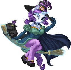 Size: 1146x1117 | Tagged: safe, artist:kittehkatbar, character:opalescence, character:rarity, species:anthro, species:unguligrade anthro, broom, cap, cape, clothing, costume, dress, flying, flying broomstick, hat, hooves, levitation, magic, mary janes, shoes, simple background, sitting, smiling, stockings, telekinesis, transparent background, wink, witch, witch hat