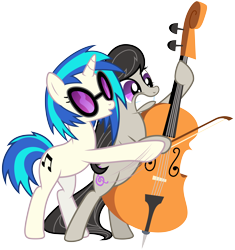 Size: 4880x5200 | Tagged: safe, artist:yanoda, character:dj pon-3, character:octavia melody, character:vinyl scratch, species:earth pony, species:pony, species:unicorn, absurd resolution, bipedal, cello, cutie mark, female, hooves, horn, mare, musical instrument, simple background, sunglasses, teeth, transparent background, vector