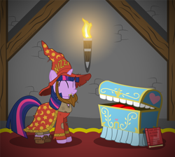 Size: 1600x1435 | Tagged: safe, artist:gray--day, character:twilight sparkle, beard, costume, crossover, discworld, facial hair, rincewind, the luggage