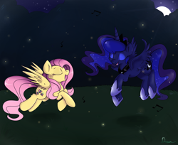 Size: 1200x977 | Tagged: safe, artist:lustrous-dreams, character:fluttershy, character:princess luna, dancing, eyes closed, firefly