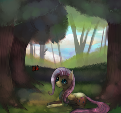 Size: 900x840 | Tagged: safe, artist:cherivinca, character:fluttershy, butterfly, female, forest, solo