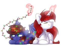 Size: 1023x746 | Tagged: safe, artist:starlyfly, oc, oc only, oc:frozen blade, oc:warly, species:bat pony, species:pony, species:unicorn, :<, christmas lights, cute, floppy ears, frown, gay, grumpy, levitation, looking away, magic, male, nose wrinkle, prone, simple background, smiling, spread wings, tangled up, telekinesis, transparent background, unamused, wings