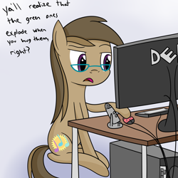 Size: 1600x1600 | Tagged: safe, artist:joey, oc, oc only, oc:dawnsong, species:earth pony, species:pony, computer, female, frown, glasses, implied minecraft, ladybug, mare, microphone, open mouth, raised eyebrow, sitting, solo