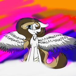 Size: 2000x2000 | Tagged: safe, artist:brokensilence, oc, oc only, oc:mira songheart, ponysona, bandage, big wings, clothing, cloud, long mane, one eye closed, solo, sunset, wings