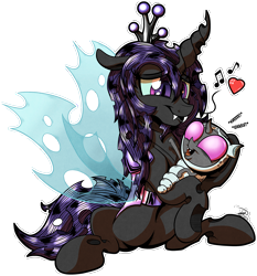 Size: 3559x3816 | Tagged: safe, artist:gray--day, oc, oc only, oc:ember song, species:changeling, changeling larva, changeling oc, changeling queen, changeling queen oc, cute, female, heart, holding, music notes, purple changeling, simple background, sitting, smiling, transparent background