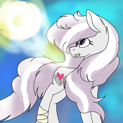 Size: 2000x2000 | Tagged: safe, artist:brokensilence, oc, oc only, oc:angel heart, species:earth pony, species:pony, bandage, cute, long mane, old oc, solo, sun, upset