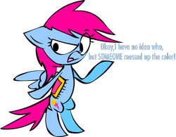 Size: 1162x908 | Tagged: safe, artist:mushroomcookiebear, character:rainbow dash, dialogue, female, fusion, hexafusion, rainbow dash is not amused, simple background, solo, sylvia, transparent background, unamused, unsure, wander over yonder, we have become one