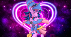 Size: 4096x2160 | Tagged: safe, artist:ardail, edit, character:twilight sparkle, species:pony, bipedal, blush sticker, blushing, chest fluff, clothing, colored pupils, cosplay, costume, crossover, cute, dark magician girl, ear fluff, female, heart, hoof hold, looking at you, marilyn monroe, off shoulder, one eye closed, open mouth, pentagram, playmat, semi-anthro, shoulder fluff, solo, twiabetes, wallpaper, wand, wink, yu-gi-oh!
