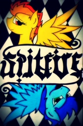 Size: 2008x3040 | Tagged: safe, artist:canvymamamoo, character:soarin', character:spitfire, species:pony, ship:soarinfire, ambigram, implied soarinfire, male, shipping, smiling, straight, traditional art