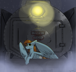 Size: 2733x2603 | Tagged: safe, artist:sinrar, oc, oc only, oc:sorren, species:pegasus, species:pony, engineer, jewelry, locomotive, necklace, night, smiling, solo, stars, steam, steam engine, steampunk, train, wings