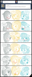 Size: 807x1920 | Tagged: safe, artist:thealjavis, character:coco pommel, character:fluttershy, character:marble pie, species:pony, ask the shy-tri, blushing, colored pupils, comic, dialogue, female, implied big macintosh, implied flutterpie, implied marblemac, implied marshmallow coco, implied pinkie pie, implied rarity, implied shipping, lesbian, looking at you, male, open mouth, simple background, speech bubble, straight, the council of shy ponies, trio, tumblr, white background
