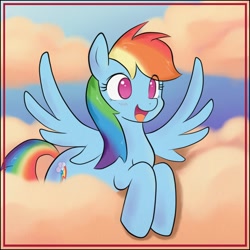 Size: 5000x5000 | Tagged: safe, artist:hidden-cat, character:rainbow dash, species:pegasus, species:pony, g4, absurd resolution, blushing, cloud, cloudy, cute, dashabetes, eye clipping through hair, female, mare, no pupils, open mouth, open smile, smiling, solo, spread wings, three quarter view, wings