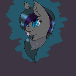 Size: 2000x2000 | Tagged: safe, artist:brokensilence, oc, oc only, oc:moonlit dusk, species:bat pony, species:pony, :3, abstract background, blep, bust, chibi, clothing, colored pupils, cute, ear fluff, ear tufts, fangs, female, fluffy, hair over one eye, mare, neck fluff, ocbetes, scarf, shading, slit eyes, smiling, solo, tongue out