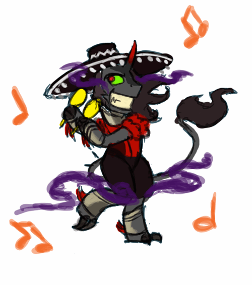 Size: 500x566 | Tagged: safe, artist:aa, edit, character:king sombra, species:pony, species:umbrum, species:unicorn, spoiler:s03, animated, claws, clothing, cute, dancing, king sombrero, looking at you, male, maracas, music notes, musical instrument, smiling, solo, sombra eyes, sombradorable, sombrero, stallion