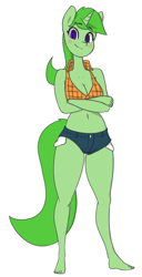 Size: 615x1202 | Tagged: safe, artist:skecchiart, oc, oc only, oc:lime dream, species:anthro, species:plantigrade anthro, species:pony, species:unicorn, barefoot, belly button, clothing, daisy dukes, feet, female, mare, midriff, shorts, simple background, smiling, solo, white background