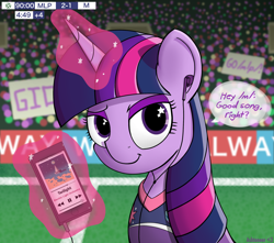 Size: 2314x2044 | Tagged: safe, artist:ashtoneer, character:twilight sparkle, /mlp/, /m/, 4chan, 4chan cup, bust, clothing, earbuds, electric light orchestra, elo, lidded eyes, looking at you, music, phone, pun, shirt, sitting, smiling, soccer field, starry eyes, twilight (song), wingding eyes