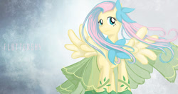 Size: 1000x531 | Tagged: safe, artist:saturnspace, character:fluttershy, species:pegasus, species:pony, clothing, dress, female, gala dress, mare, photoshop, solo