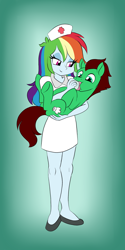 Size: 1000x2000 | Tagged: safe, artist:queentigrel, character:rainbow dash, oc, oc:northern haste, species:earth pony, species:pony, my little pony:equestria girls, adult foal, baby bottle, bottle feeding, commission, holding a pony, lidded eyes, northash, nurse, nurse outfit, puffy cheeks, smiling