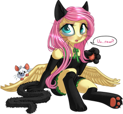 Size: 989x918 | Tagged: safe, artist:kittehkatbar, character:angel bunny, character:fluttershy, species:anthro, species:pegasus, species:rabbit, species:unguligrade anthro, animal, animal costume, cat, cat costume, cat ears, cat tail, clothing, costume, cute, evening gloves, female, fluttercat, hooves, mouse, open mouth, paw gloves, paw print hooves, rawr, shyabetes, simple background, solo, stockings, sweat, sweating profusely, transparent background