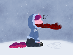Size: 800x600 | Tagged: safe, artist:elslowmo, oc, oc only, oc:marker pony, 4chan, clothing, mlpg, music notes, scarf, snow, solo, winter