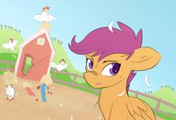 Size: 1200x823 | Tagged: safe, artist:pony-butt-express, character:scootaloo, species:chicken, species:pegasus, species:pony, bandage, feather, scootachicken, scooter
