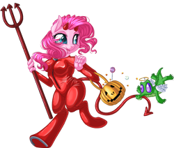Size: 1533x1297 | Tagged: safe, artist:kittehkatbar, character:gummy, character:pinkie pie, species:anthro, species:unguligrade anthro, candy, candy corn, catsuit, costume, demon, devil costume, food, halo, hooves, horseshoes, lollipop, pumkin, pumpkin bucket, simple background, transparent background, trident