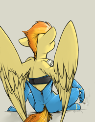 Size: 644x829 | Tagged: safe, artist:sinrar, character:spitfire, species:anthro, species:unguligrade anthro, bandage, cigarette, clothing, female, latex, smoking, solo, sports bra, spread wings, stupid sexy spitfire, unzipped, wings, wonderbolts uniform