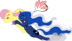 Size: 1280x736 | Tagged: safe, artist:mrponiator, character:fluttershy, character:princess luna, ship:lunashy, female, hape, heart, hug, lesbian, love, non-consensual cuddling, shipping, simple background, transparent background