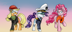 Size: 1880x860 | Tagged: safe, artist:bladedeehunter, artist:chibadeer, character:applejack, character:pinkie pie, character:rarity, episode:p.p.o.v. (pony point of view), g4, my little pony: friendship is magic, captain jackbeard, captain rarity, gradient background, lifejacket