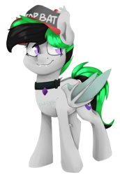 Size: 496x720 | Tagged: safe, artist:chibadeer, oc, oc only, oc:greenlel, species:bat pony, species:pony, cap, clothing, female, hat, mare, simple background, solo, top bat, top gun hat, transparent background