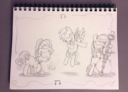 Size: 1111x800 | Tagged: safe, artist:fuzon-s, character:cherry jubilee, character:derpy hooves, character:octavia melody, species:earth pony, species:pegasus, species:pony, bipedal, bowing, cello, eyes closed, monochrome, music notes, musical instrument, pencil drawing, sketch, traditional art