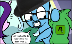 Size: 895x550 | Tagged: safe, artist:dori-to, edit, character:starlight glimmer, character:trixie, species:pony, species:unicorn, big smoke, clothing, female, follow the damn train, grand theft auto, gta san andreas, mare, meme, sweater, trixie's hoodie edit