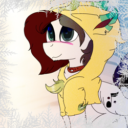 Size: 2000x2000 | Tagged: safe, artist:brokensilence, edit, oc, oc only, oc:mira songheart, ponysona, blushing, chest fluff, clothing, collar, crossover, cute, hoodie, leafeon, pokémon, solo, wallpaper, wallpaper edit