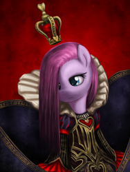 Size: 900x1200 | Tagged: safe, artist:saturnspace, character:pinkamena diane pie, character:pinkie pie, species:earth pony, species:pony, g4, alice, alice:madness returns, american mcgee's alice, clothing, crossover, crown, female, frown, heart, mare, photoshop, red queen, solo