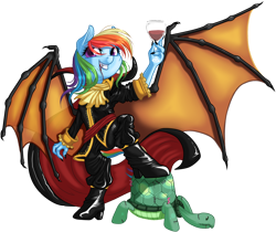Size: 1578x1323 | Tagged: safe, artist:kittehkatbar, character:rainbow dash, character:tank, species:anthro, bat wings, blood, castlevania, costume, dracula, glass, simple background, symphony of the night, transparent background, vampire, wine glass, wings